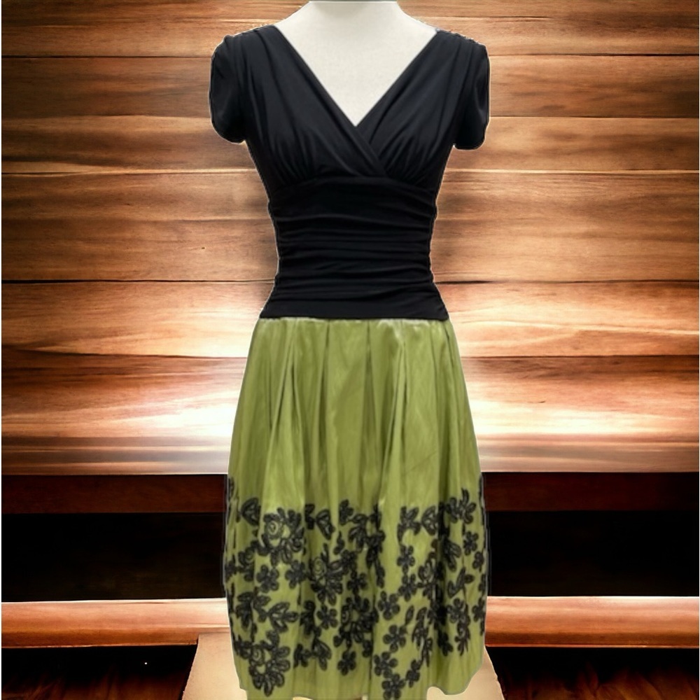 SLNY Black Fitted Bodice Deep V Neck Flare Embroidered Sequin A Line Midi Dress